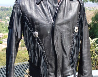 70s Black Leather Fringe Motorcycle Jacket 38 (vintage / 70s