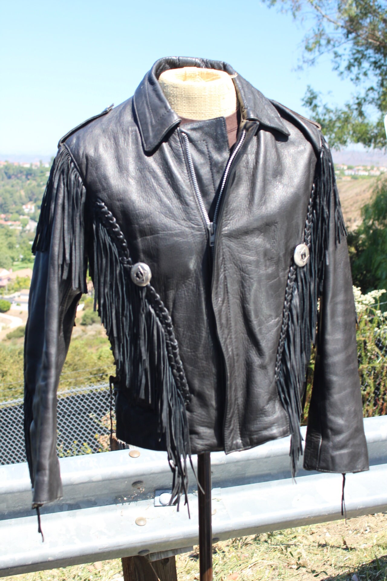 貴重◎ 70's unknown fringe leather jacket 70s Black Leather Fringe Motorcycle Jacket 38 (vintage / 70s