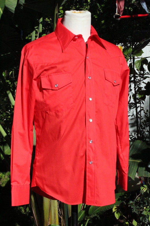 Vintage 60s Bright Red Western Cowboy Shirt NOS M… - image 8