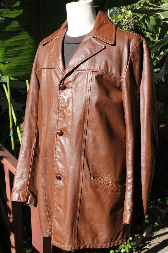 Long Vintage 70s Brown Leather Sears Jacket w/ Re… - image 3