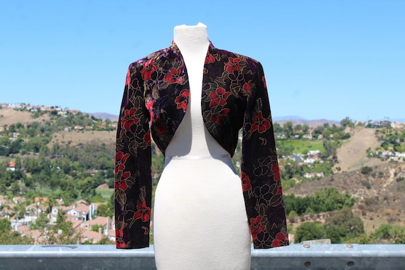 Vintage Black Velvet Bolero w Red and Purple Flow… - image 1