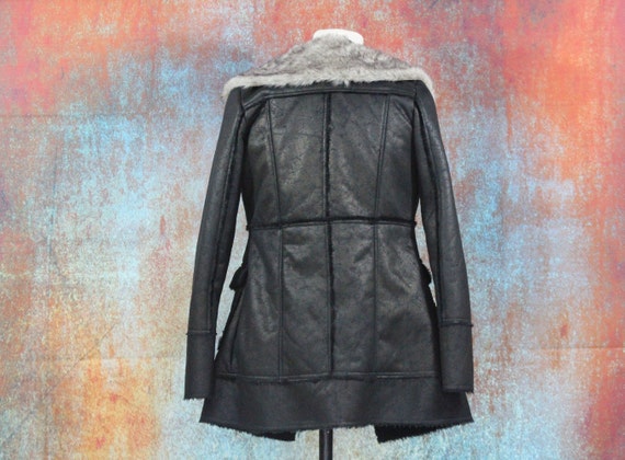 Black Vegan Shearling Double Breasted Coat with S… - image 5