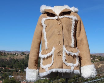 Kids Vegan Brown Shearling Jacket with Hood (Vintage / 90s)