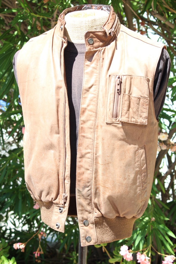 80s Brown Leather Vest w Pockets Small (Vintage /… - image 3