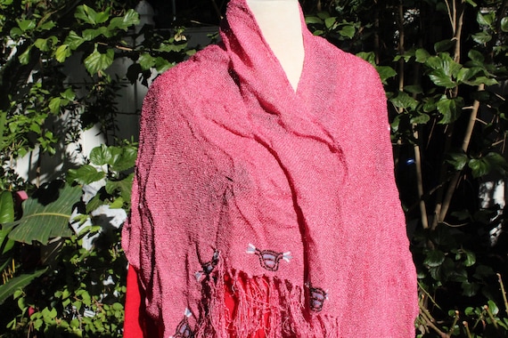 Pink Linen Lightweight Scarf w Sequin Flowers (Vi… - image 1