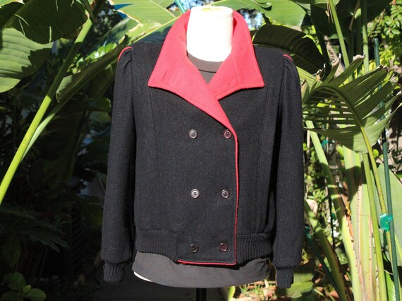 80s Black and Red Wool Womens Jacket w Knit Cuffs… - image 1