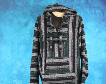 Green, Grey and Black Striped Baja Hoodie XXL (Vintage/90s)