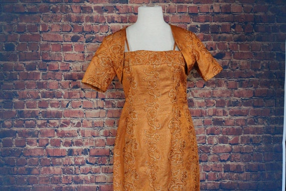 Vintage 1960s Orange Sequin Cocktail Dress w Baler