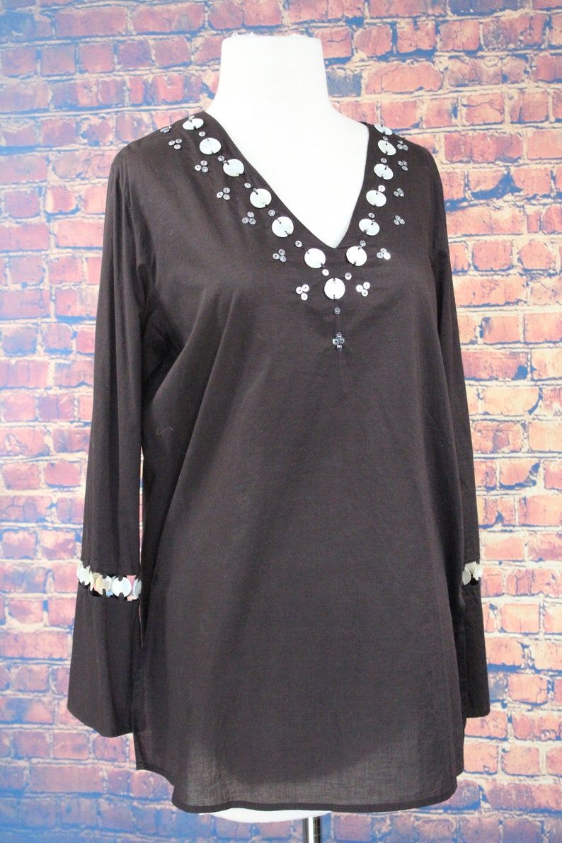 Shell Adorned Brown Cotton Boho Shirt Vintage 90s Marks /& Spencer