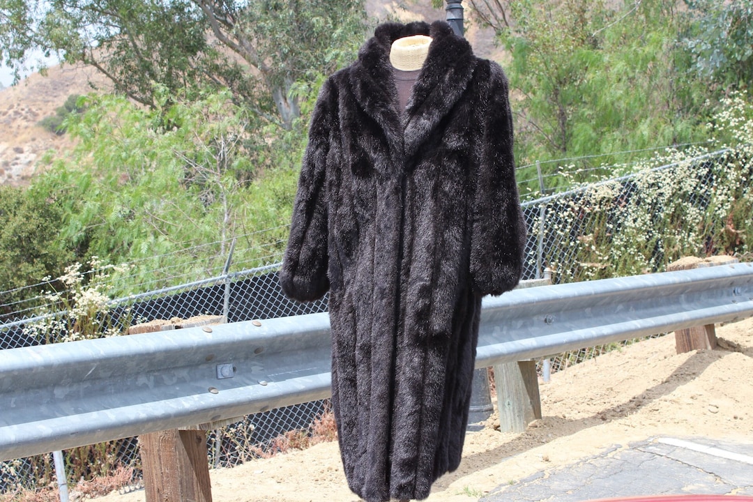 RARE Long 50s Black Faux Fur Coat Made in USA Xlarge (vintage