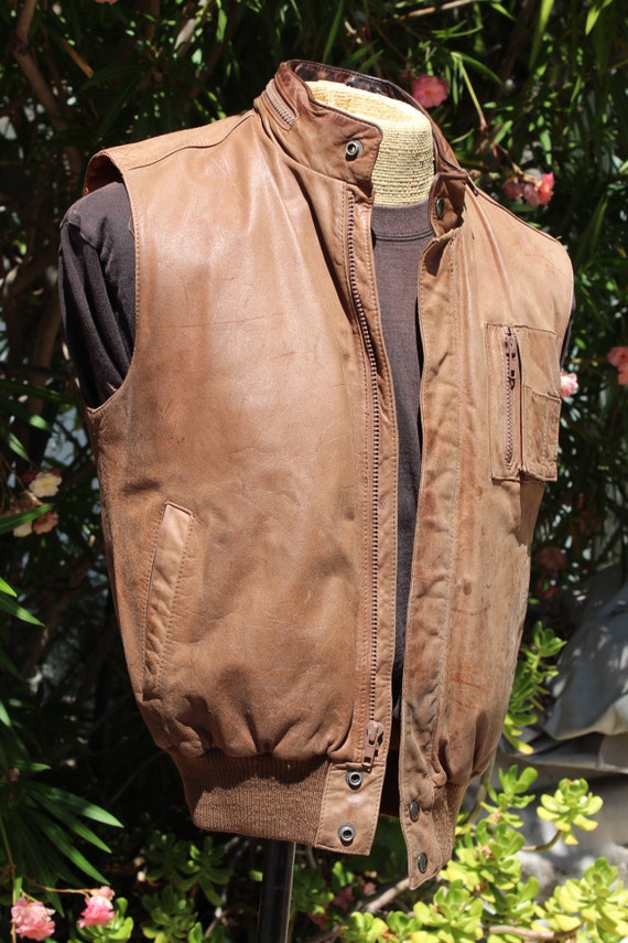 80s Brown Leather Vest w Pockets Small (Vintage /… - image 2