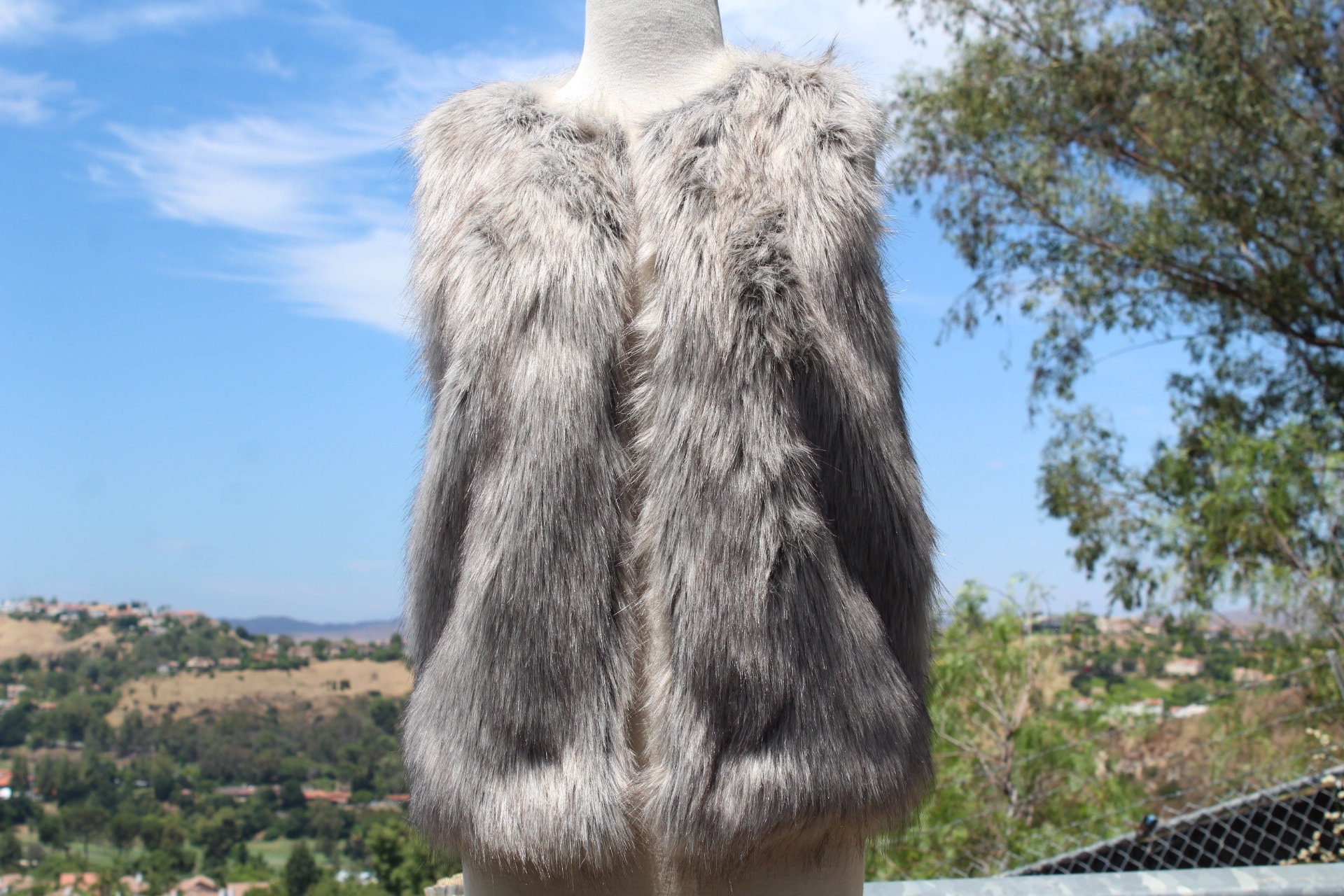 Ash Grey Hooded Rabbit Fur Vest with Tied Narrow Belt