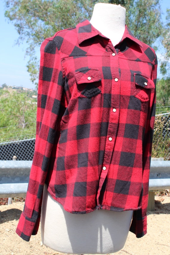Cotton Red and Black Plaid Medium Shirt (Vintage … - image 3