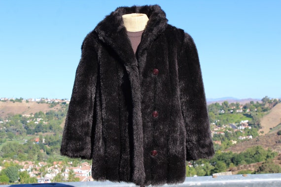50s Black Faux Fur Coat w Purple Swirl Buttons US… - image 1
