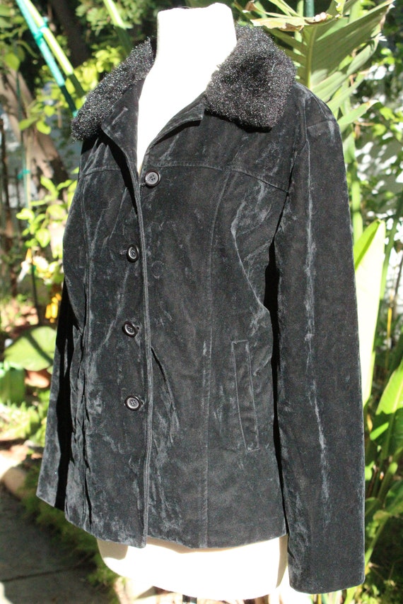 Vintage 80s Womens Black Velvet Jacket w/ Faux Fu… - image 3