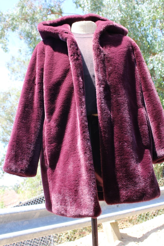 Deep Purple Faux Fur Hooded Coat M (Vintage / 90s… - image 3