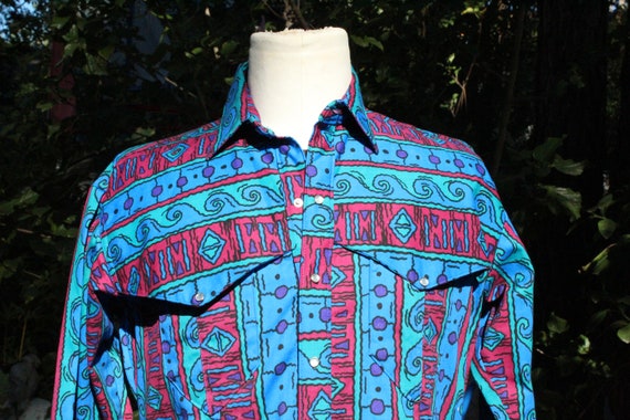 Vintage 60s Blue Patterned Cotton Western Cowboy … - image 2