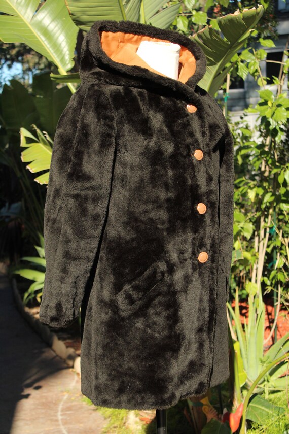 70s Black Faux Fur Hooded Coat w Reversible Brown… - image 2