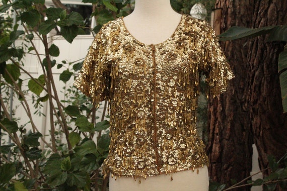 Gold Sequin Vintage 40s Ohrbach's Wool Sweater 36