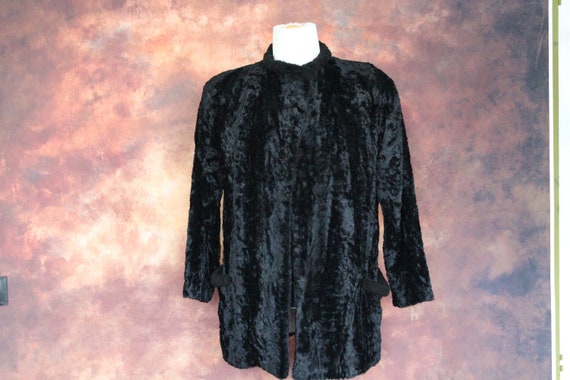 50s Black Faux Fur Silk Opera Coat w Hook (Vintag… - image 1