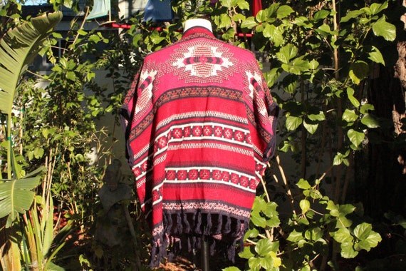 Red Aztec Print Poncho w/ Pockets and Fringe (Vin… - image 3