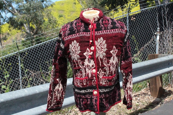 Red Cotton Indian Print 4 Shell Button Jacket (Vi… - image 1