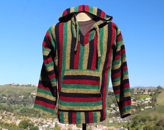 Vintage Red Yellow Black Green Rasta Baja Hoodie Large (Vintage / 90s)