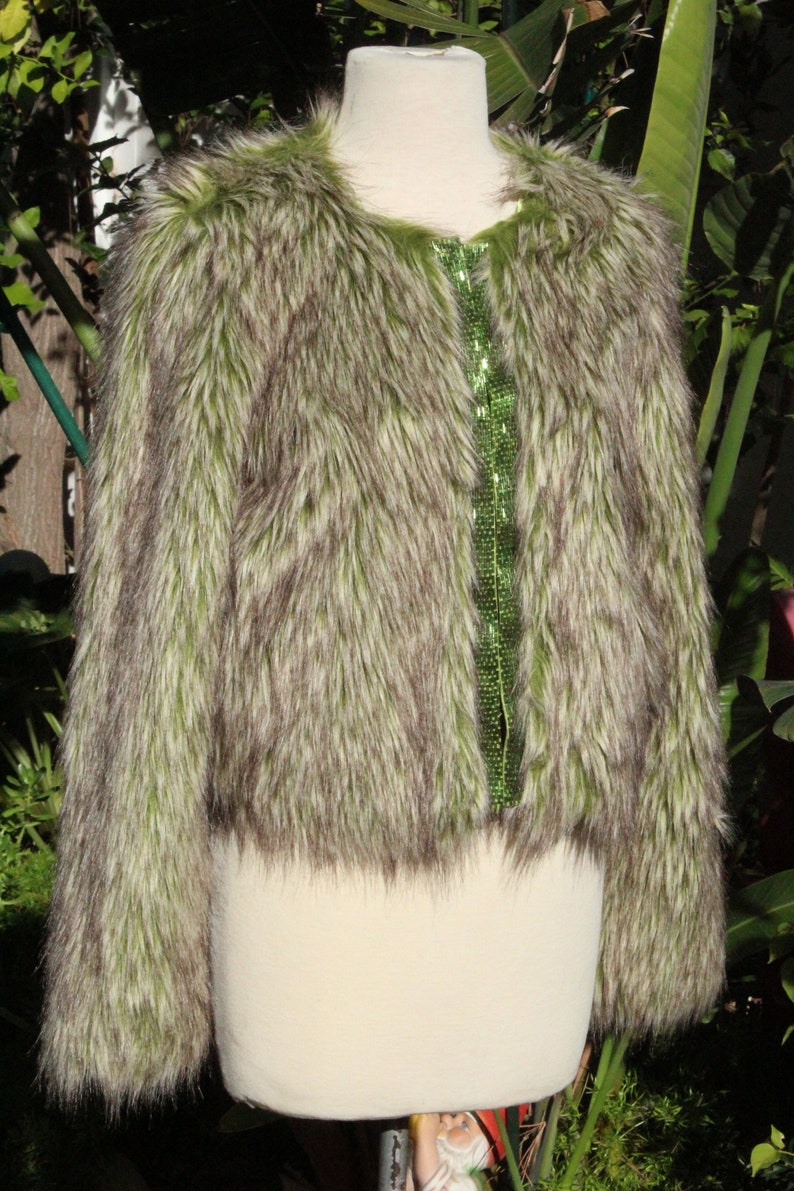 RARE Vintage Green Faux Fur Jacket w Beaded Closure Vintage / 80s image 3