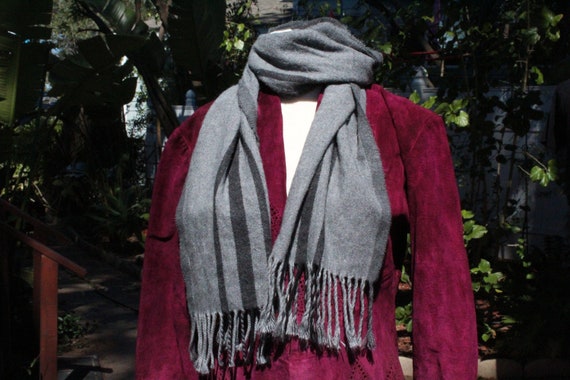 Grey Wide Scarf w Black Stripes and Fringe (Vinta… - image 1