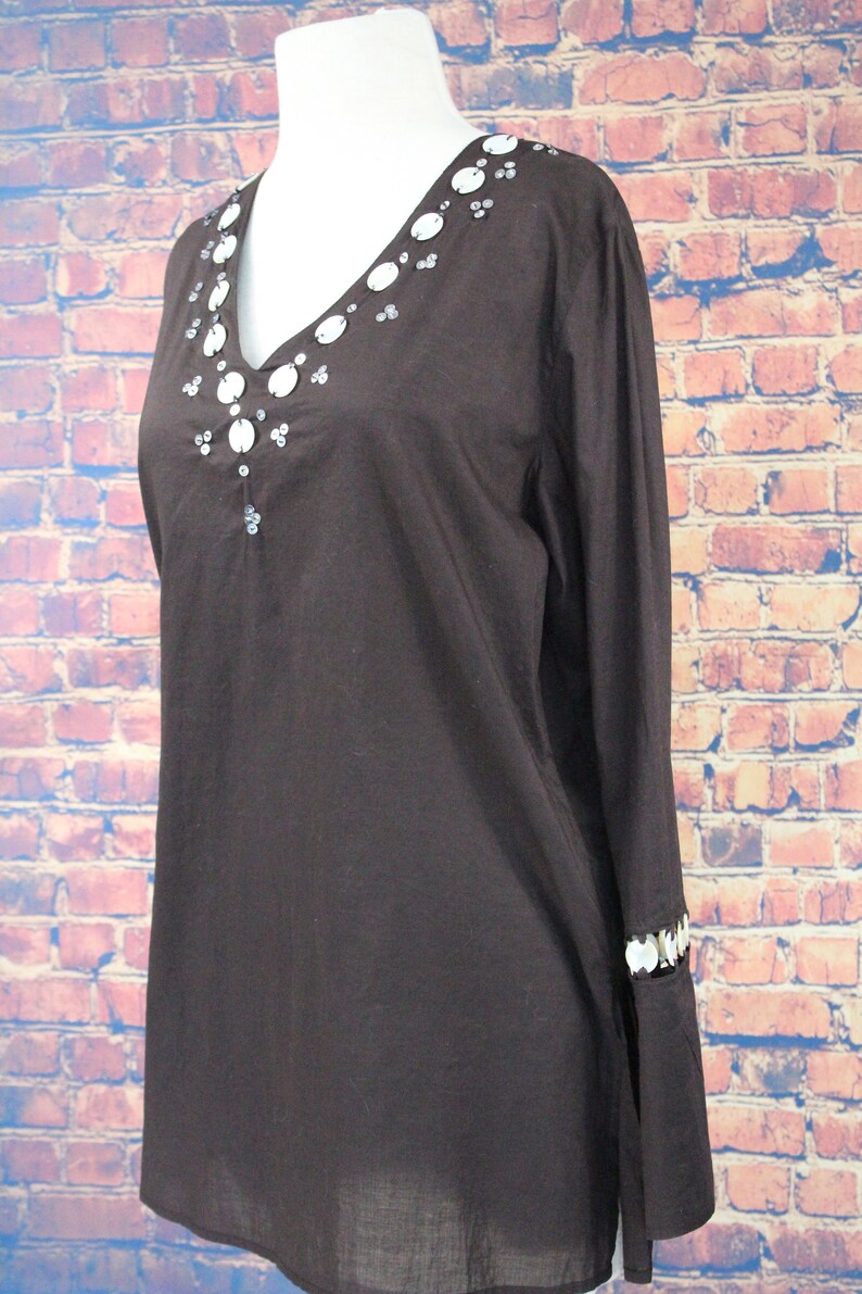 Shell Adorned Brown Cotton Boho Shirt Vintage 90s Marks /& Spencer