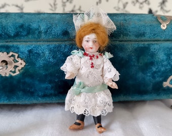 Dollhouse doll, All bisque Victorian miniature doll, 4" German porcelain doll