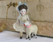 Miniature doll with putz sheep, 4 quot German porcelain doll, Tiny German wool sheep, Victorian all bisque mignonette, Dollhouse doll