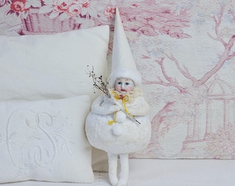 Victorian spun cotton Snowball Doll, handmade by a doll artist