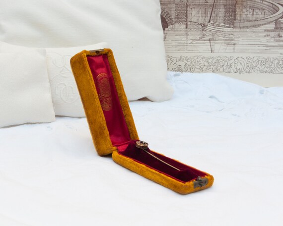Antique velvet stick pin box, Vintage golden velve