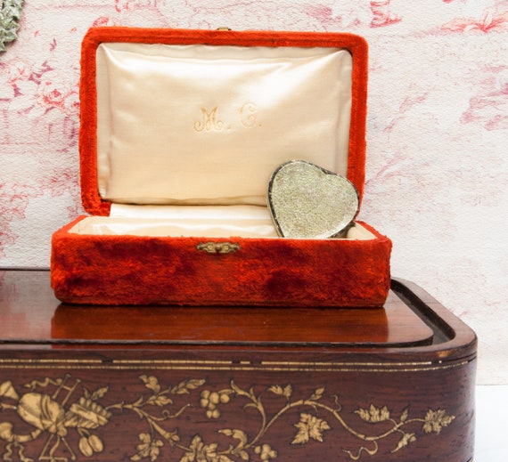 Antique jewelry box, Small orange velvet trinket b