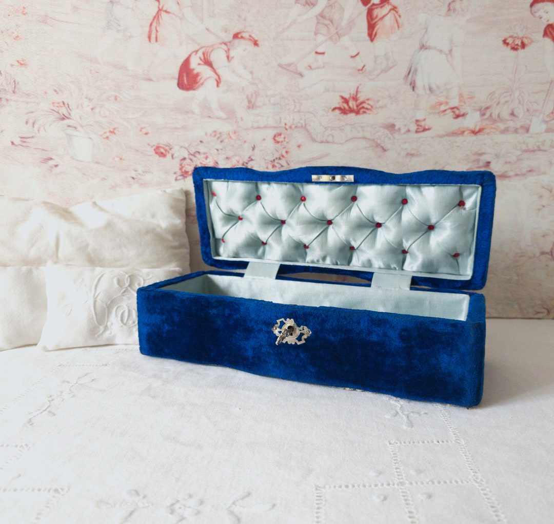 Antique Blue Velvet Jewelry Box Etsy