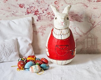 Vintage cardboard Easter bunny with antique Erzgebirge wooden eggs