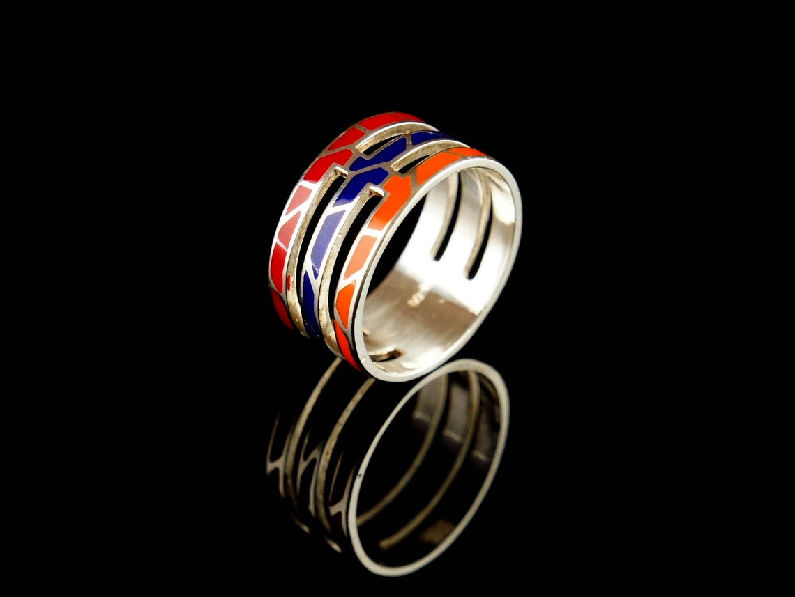Enamel on Silver Sterling Silver Ring Silver Ring Etsy