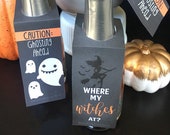 Happy Halloween Mini Wine Champagne Bottle Tags | Witches and Ghost Halloween Bottle Tags | Printable PDF Download