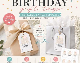 Editable Sprinkle Cake Birthday Gift Tags, Canva Template (Instant Download)