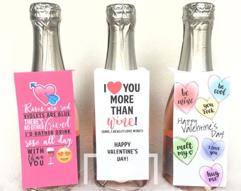 Valentine's Day Mini Wine Champagne Bottle Tags | Roses Conversation Heart VDay Bottle Tags | Printable PDF Download