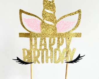 Unicorn Horn Themed Happy Birthday Cake Topper (Double Sided)