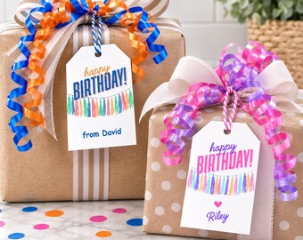 Editable Birthday Gift Tags, Colorful Tassel Garland Design, Personalized Canva Template (Digital Download)