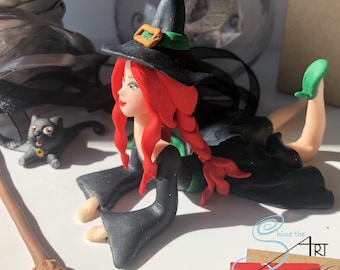 Hallowen redhead witch doll handmade in modelingclay