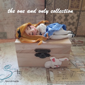 Little ALICE asleep in Wonderland, handmade on a wooden box