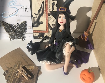 Halloween witch doll handmade in modelingclay