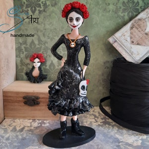 CATRINA figure and brooch handmade in polymer clay without molds