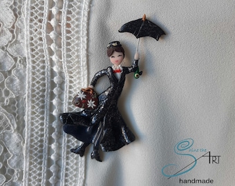 MARY POPPINS brooch handmade in polymer clay