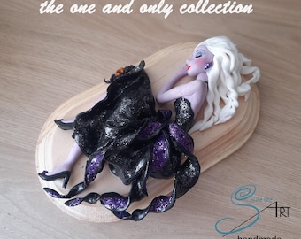 Sleeping URSULA, from The LITTLE MERMAID, handmade in polymerclay without molds on a wooden base