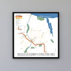 Impresión del mapa del metro y tranvía de Rochester, Nueva York, 1929: póster de arte retro original